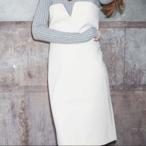 Weekday Uni strapless midi dress cream color scuba material